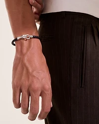 Men's Silver Woven Leather Hook Clasp Bracelet
