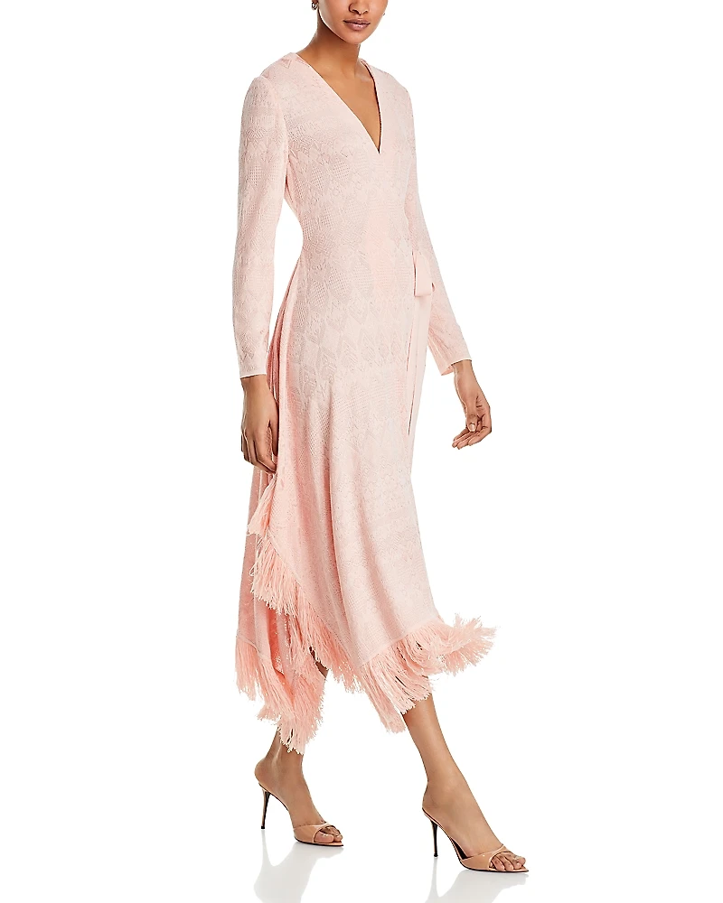 Misook Fringe Trim Midi Wrap Dress