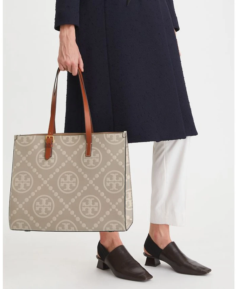 T Monogram Contrast Embossed Leather Tote