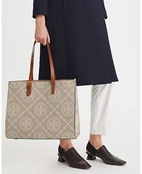 T Monogram Contrast Embossed Leather Tote