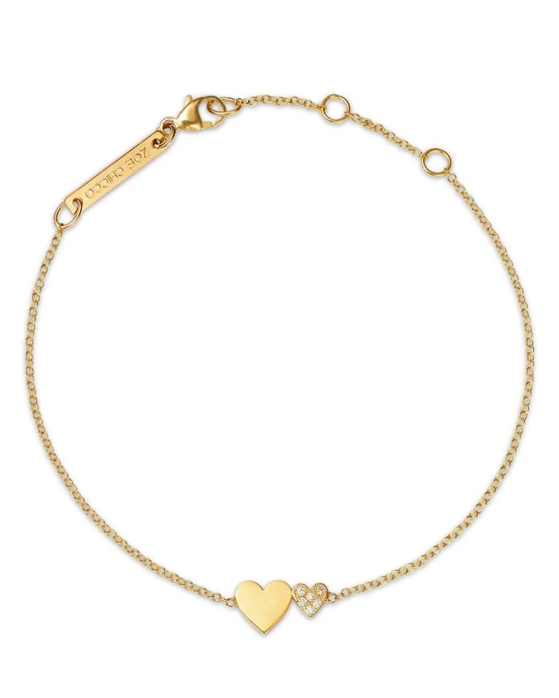 14K Yellow Gold Midi Bitty Symbols Diamond Double Heart Chain Bracelet