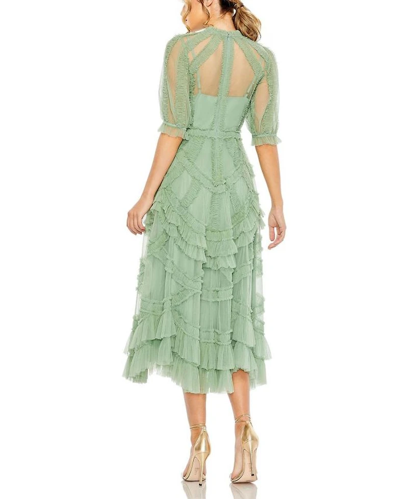 High Neck Puff Sleeve Ruffle Tiered Dress