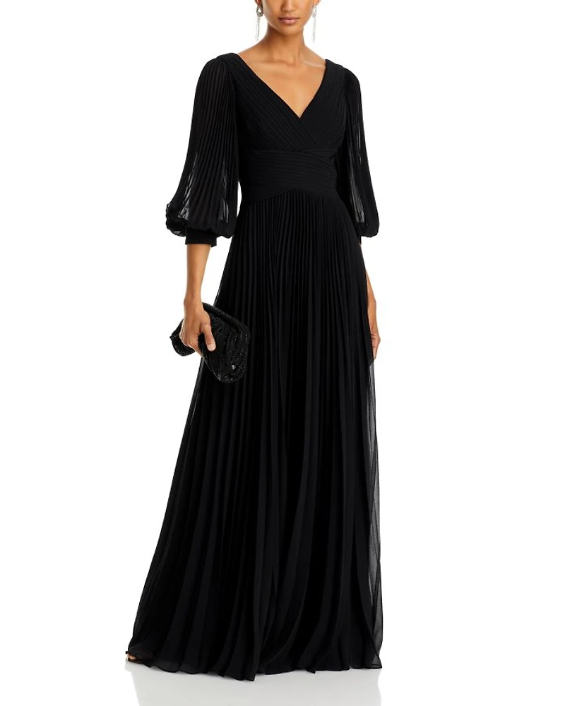Chiffon Pleated V Neck Gown