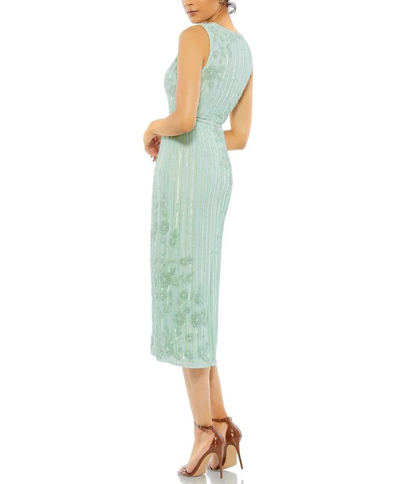 Striped Floral Embellished Sleeveless Midi Dress