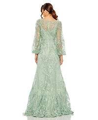 V Neck Puff Sleeve A Line Embroidered Gown