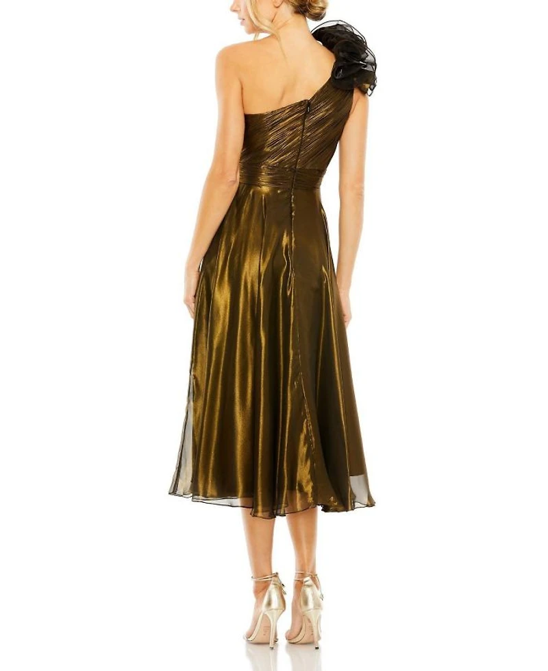 Rosette One Shoulder Tea Length Dress