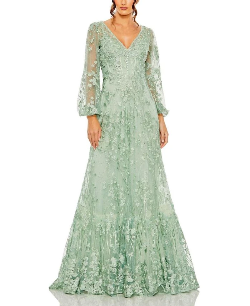 V Neck Puff Sleeve A Line Embroidered Gown
