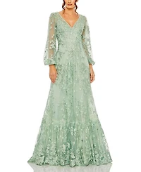 V Neck Puff Sleeve A Line Embroidered Gown