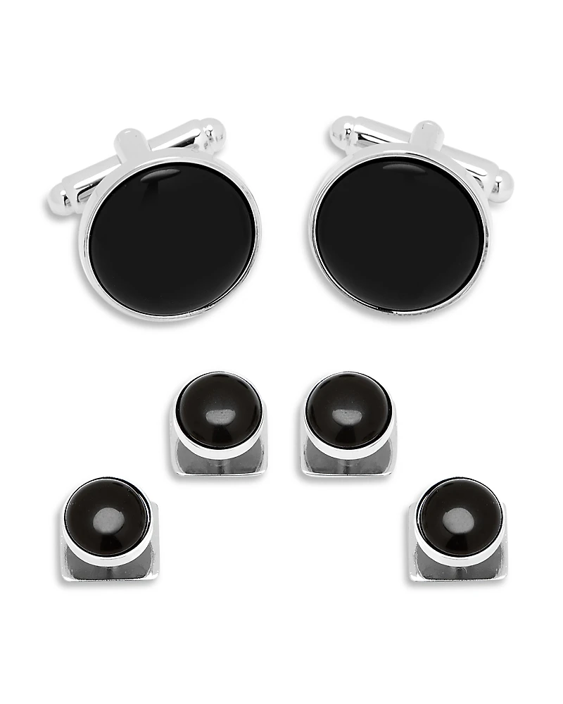 Cufflinks Inc Silver-Tone Round Onyx Stud & Cufflink Set