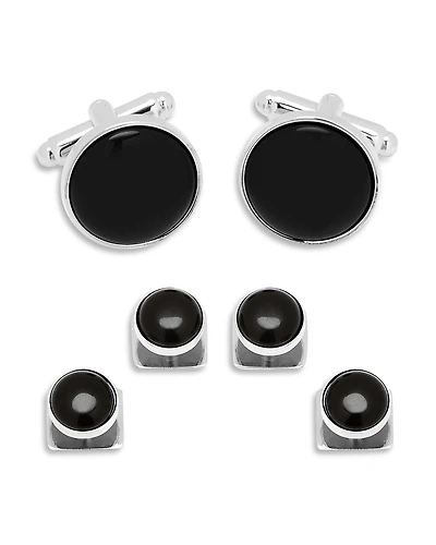 Cufflinks Inc Silver-Tone Round Onyx Stud & Cufflink Set