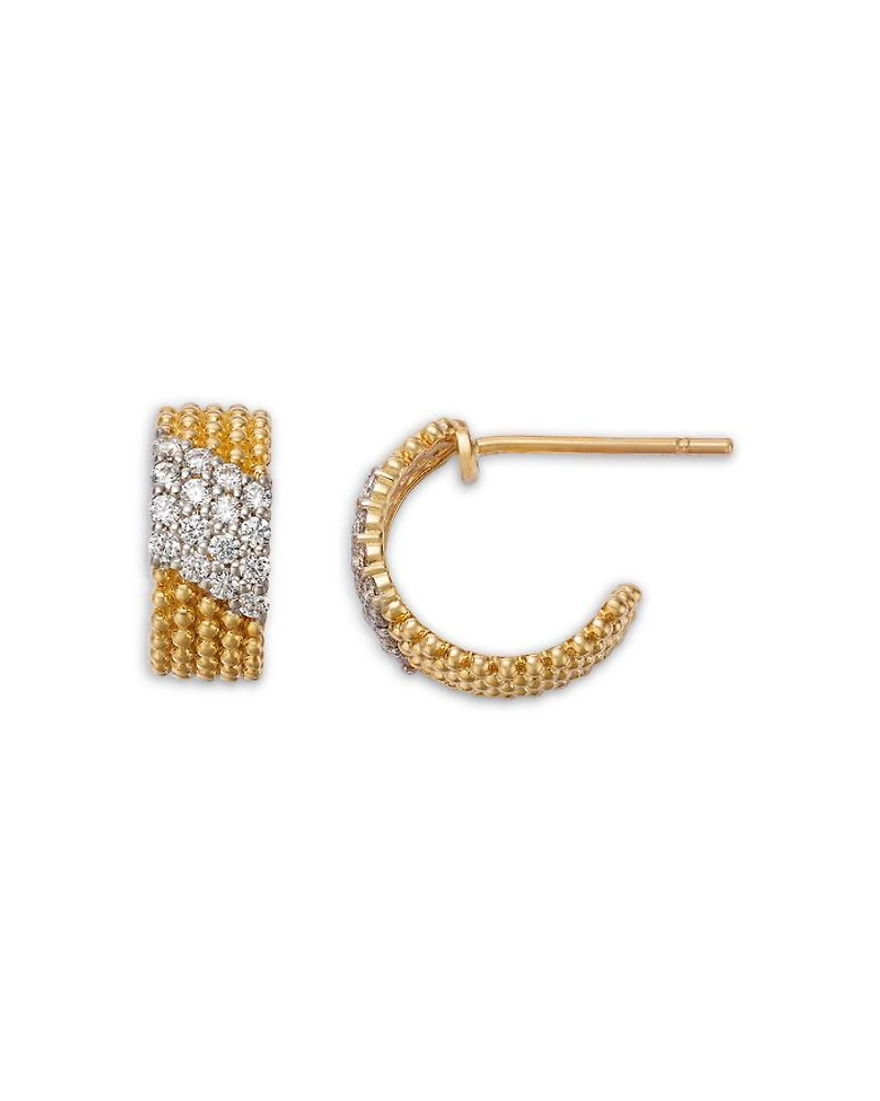 Diamond & Beaded Small Half Hoop Earrings in 14K Yellow Gold, 0.20 tcw