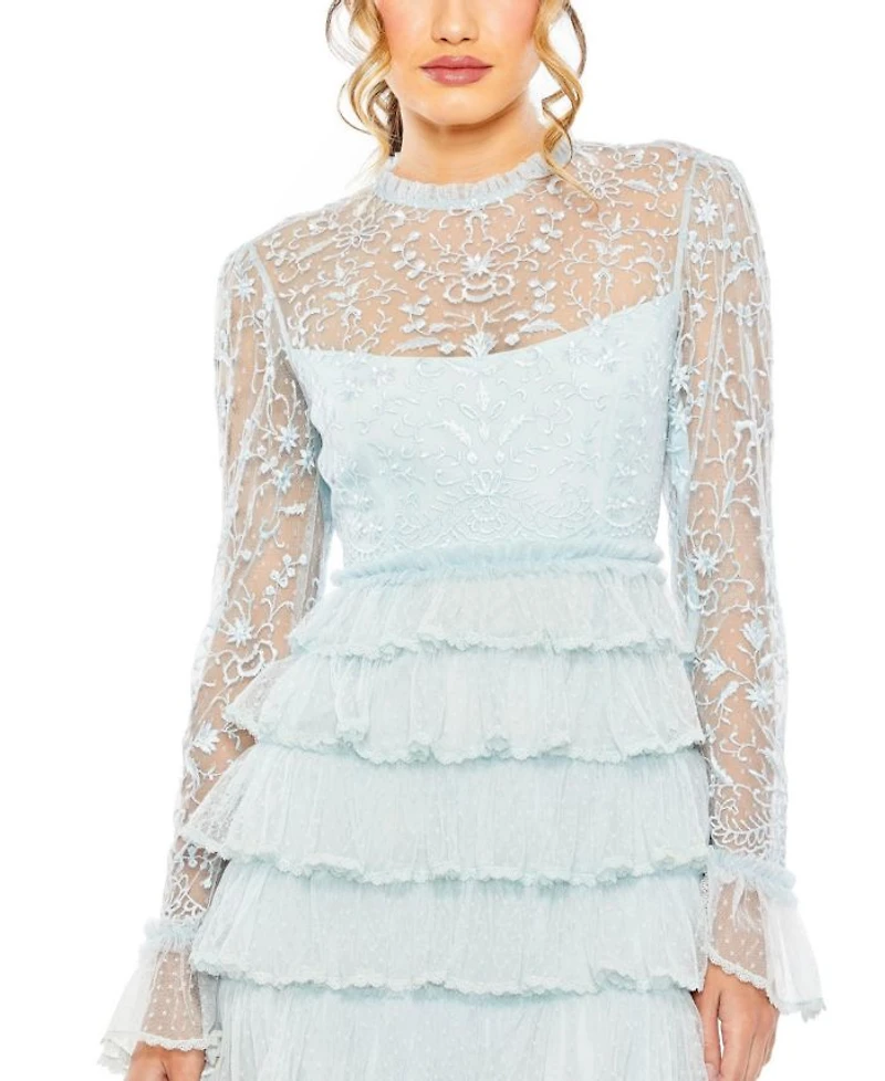 Embroidered Long Sleeve Ruffled Tiered Dress