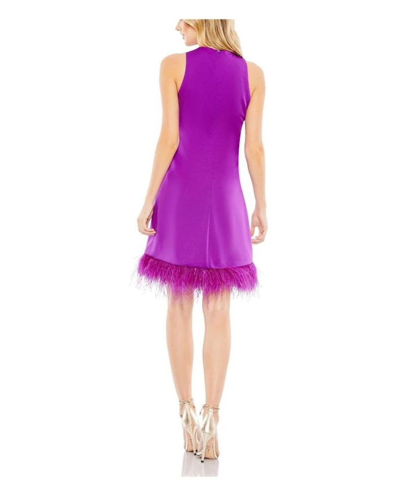 Feathered Hem High Neck Sleeveless A Line Dress