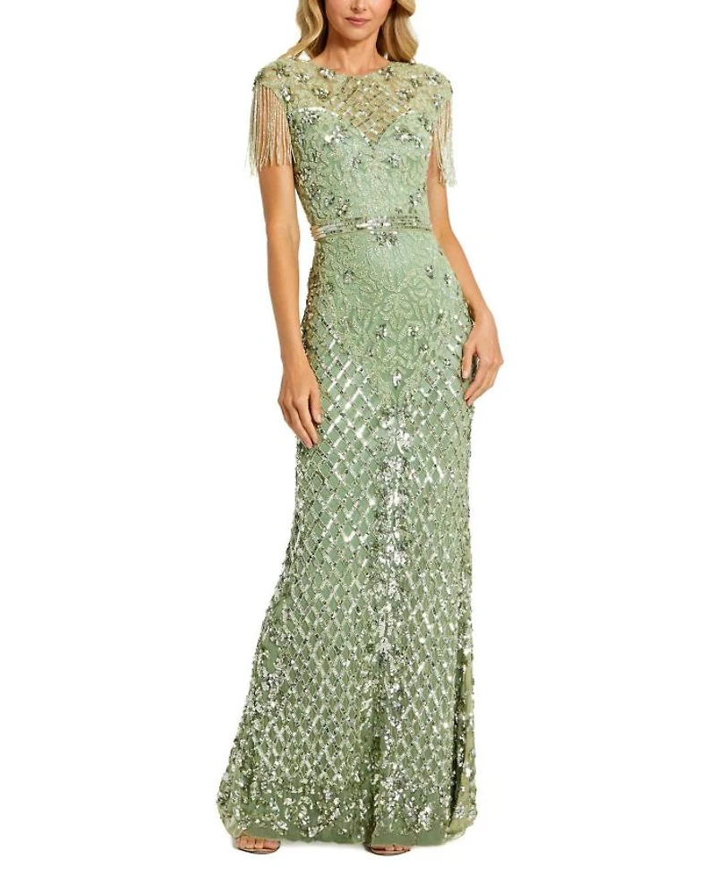 High Neck Sleeveless Beaded Fringe Fitted Gown
