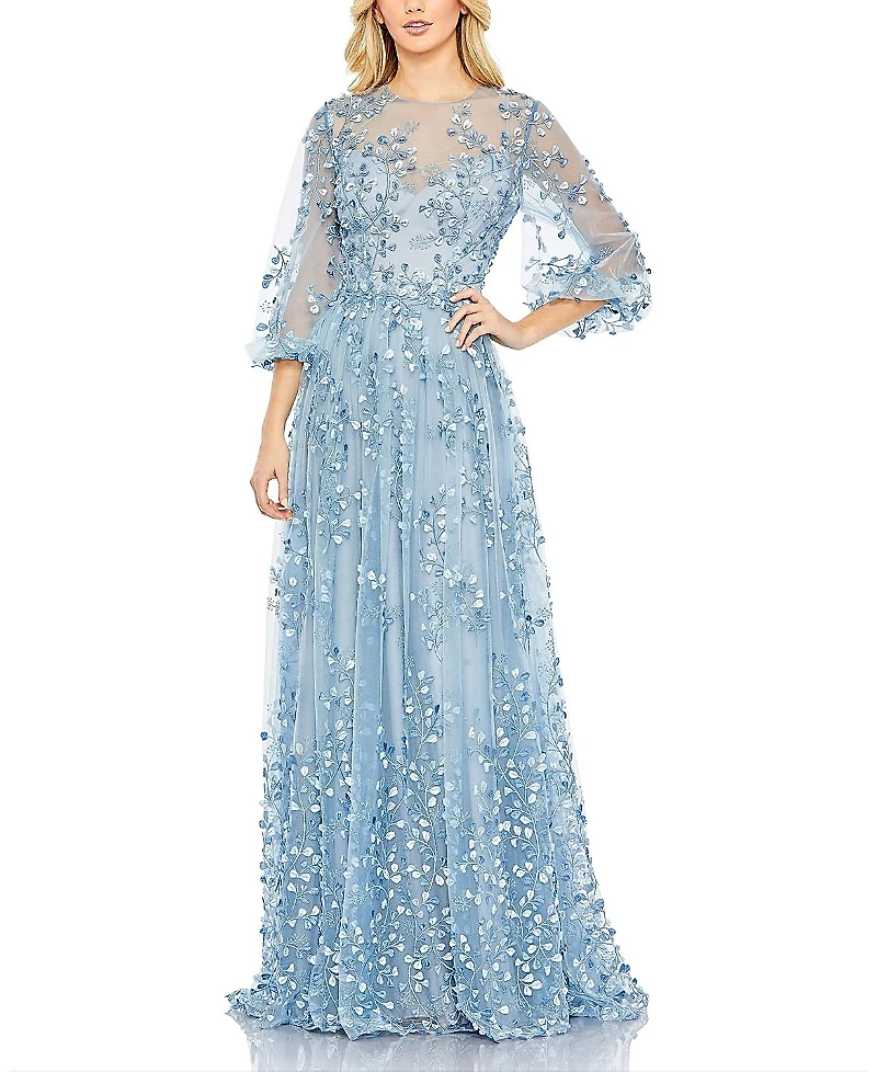 Mac Duggal Embroidered Puff Sleeve A-Line Gown