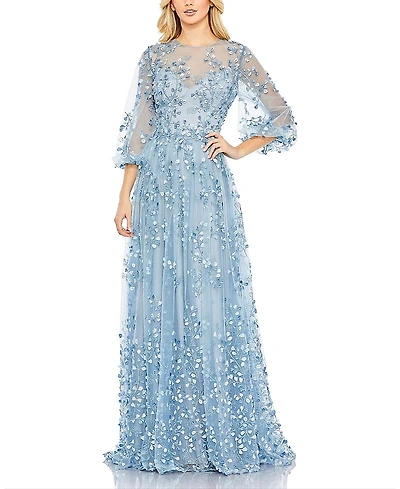 Mac Duggal Embroidered Puff Sleeve A-Line Gown