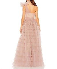 One Shoulder Faux Bow Feather Tiered A Line Gown