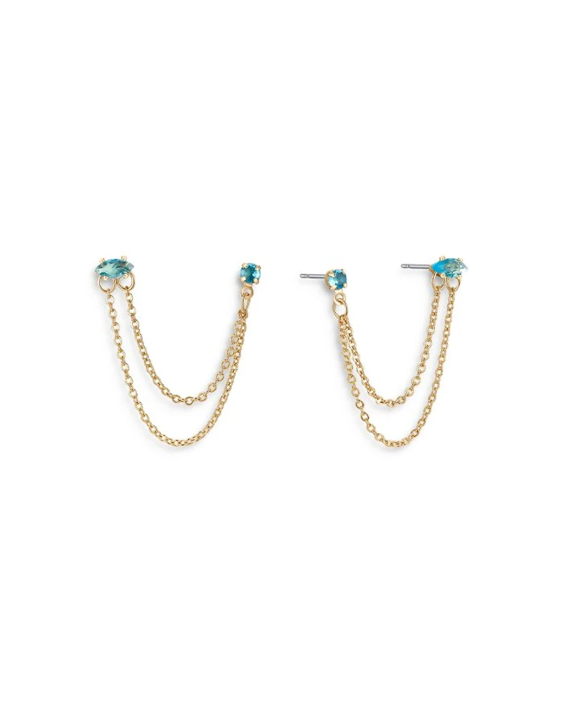 Blue Crystal & Looped Chains Double Piercing Drop Earrings in 18K Gold Plated