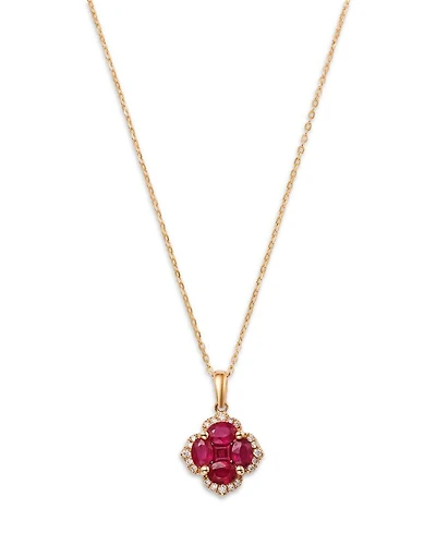 Ruby & Diamond Flower Halo Pendant in 14K Yellow Gold