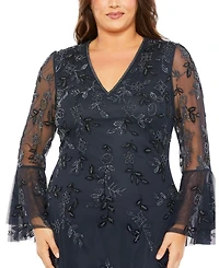 Plus V Neck Embellished Flutter Tiered Long Sleeve  Gown