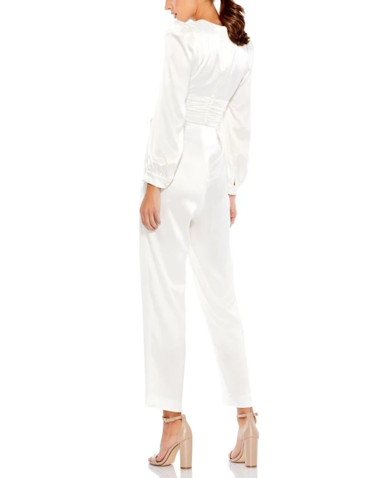 Front Twist Puff Sleeve Ruched Waist Detail Deep V Jumpsuit