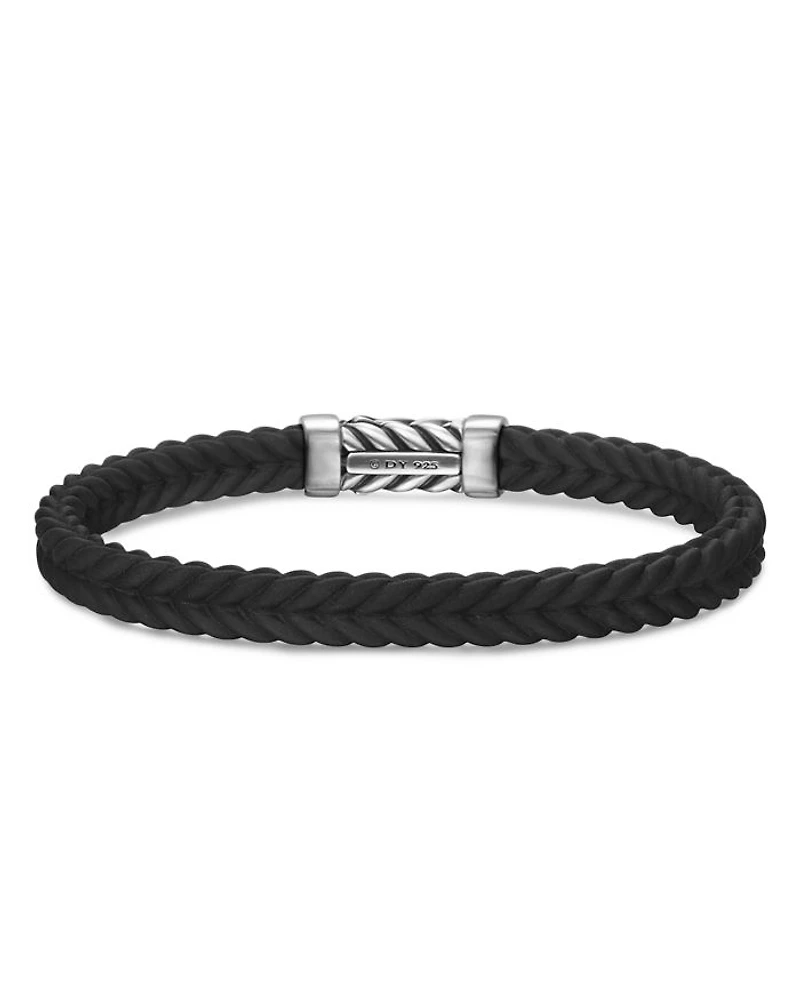 Men's Sterling Silver Chevron Diamond Woven Black Rubber Bracelet