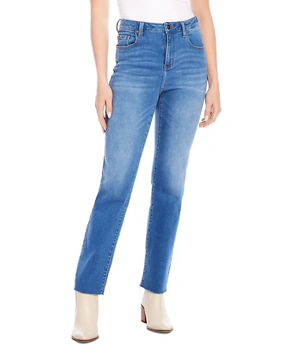 Petite High Rise Raw Hem Straight Jeans Denim