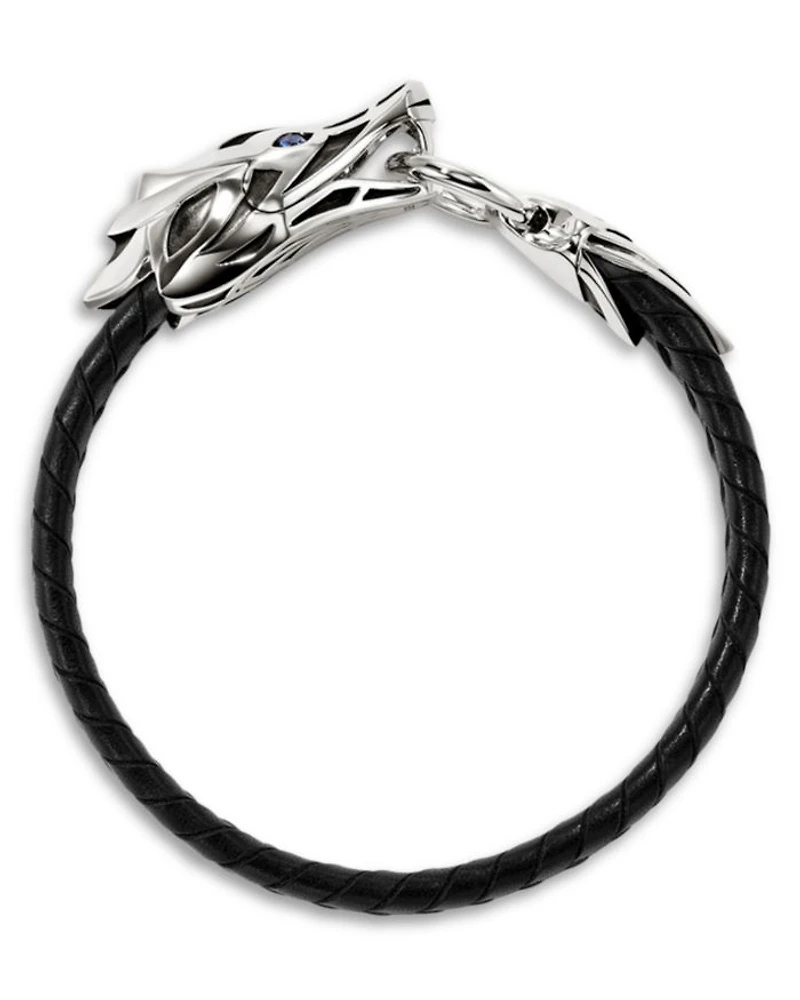 Sterling Silver Naga Blue Sapphire Snake Braided Black Leather Bracelet