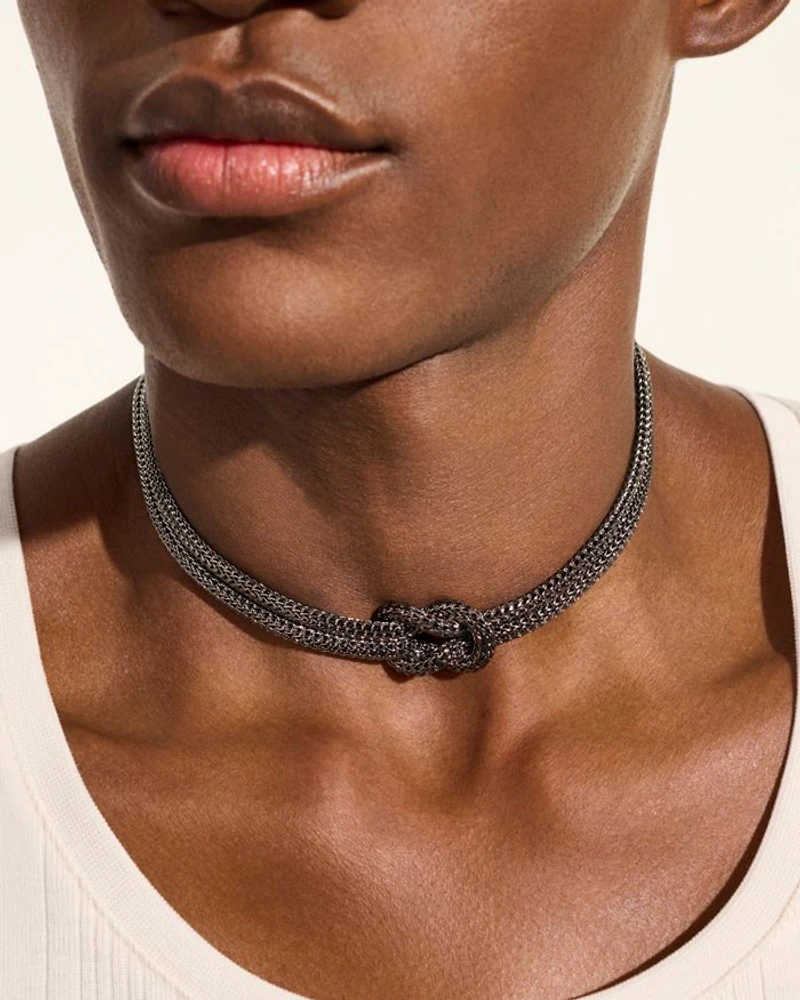 Black Rhodium-Plated Sterling Silver Love Knot Double Woven Chain Statement Necklace, 16"