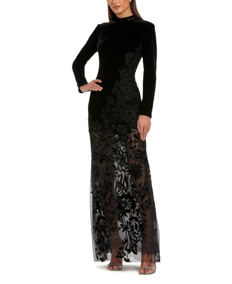 Long Sleeve Sheer Floral Embroidered Velvet Gown