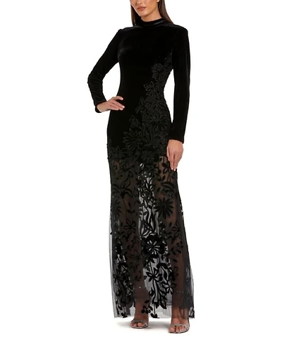 Long Sleeve Sheer Floral Embroidered Velvet Gown