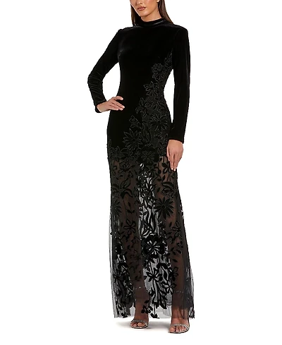 Mac Duggal Long Sleeve Sheer Floral Embroidered Velvet Gown