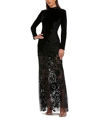 Mac Duggal Long Sleeve Sheer Floral Embroidered Velvet Gown
