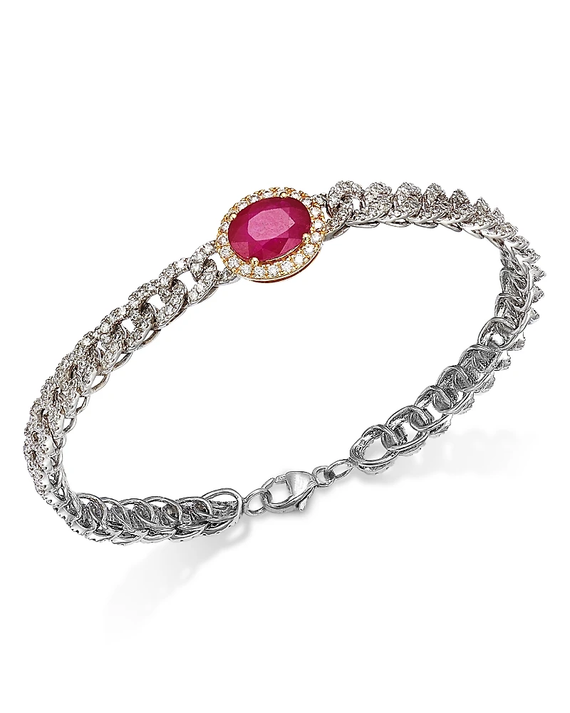Bloomingdale's Fine Collection Ruby & Diamond Oval Halo Chain link Bracelet