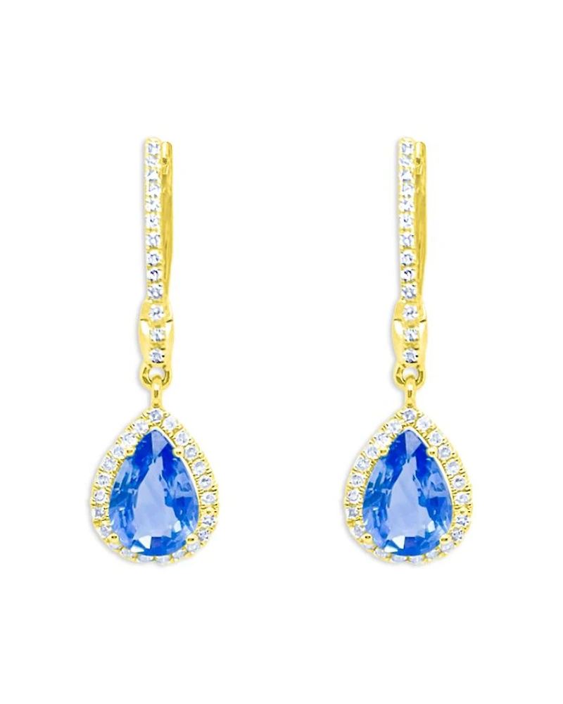 14K Yellow Gold Blue Sapphire & Diamond Halo Dangle Huggie Hoop Earrings