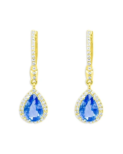 14K Yellow Gold Blue Sapphire & Diamond Halo Dangle Huggie Hoop Earrings