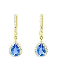 14K Yellow Gold Blue Sapphire & Diamond Halo Dangle Huggie Hoop Earrings