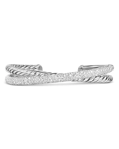 Crossover Two Row Cuff Bracelet in Sterling Silver with Diamonds, 11mm
