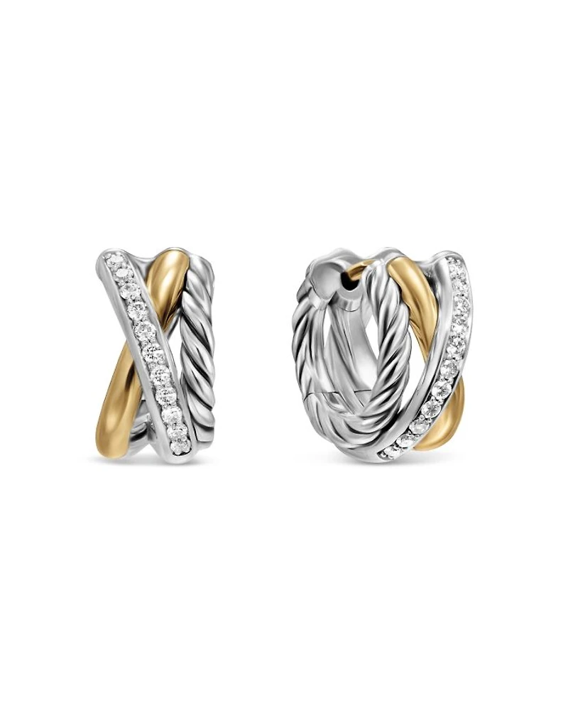 Crossover Three Row Huggie Hoop Earrings in Sterling Silver with 18K Yellow Gold, 13mm