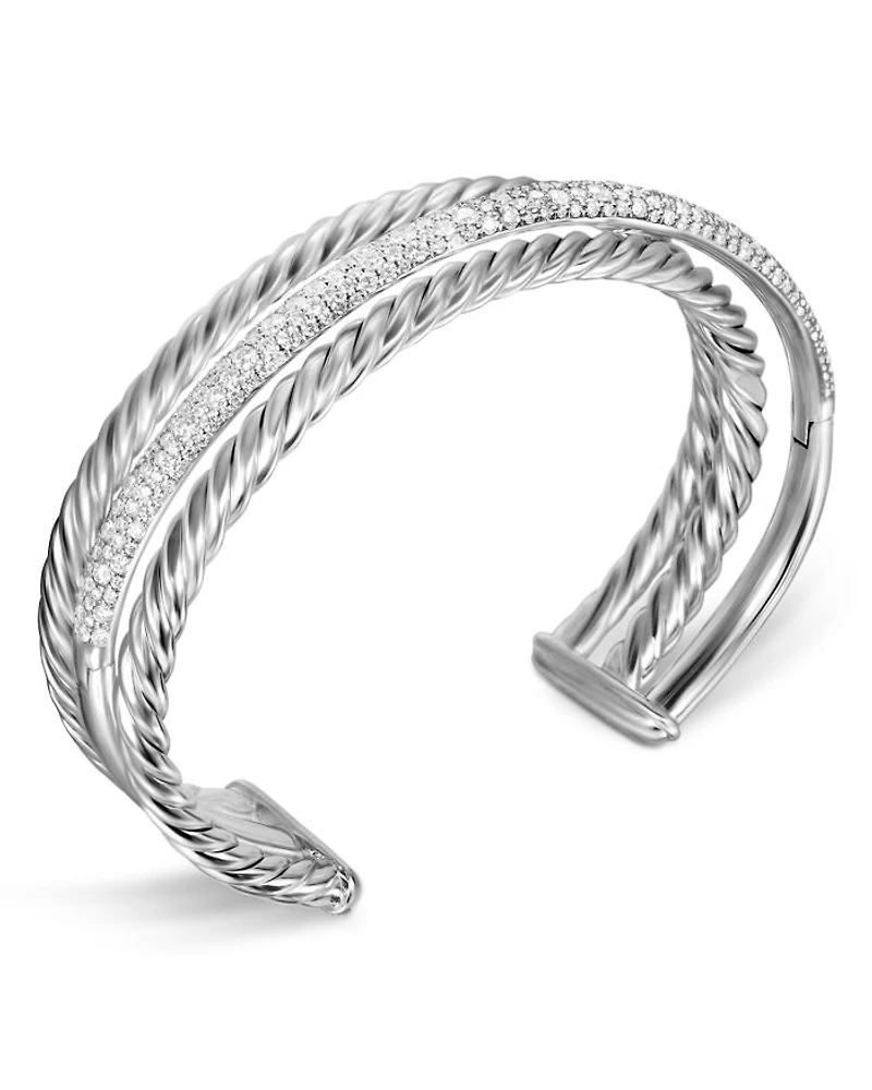 Three Row Cuff Bracelet in Sterling Silver with Diamonds, 20mm