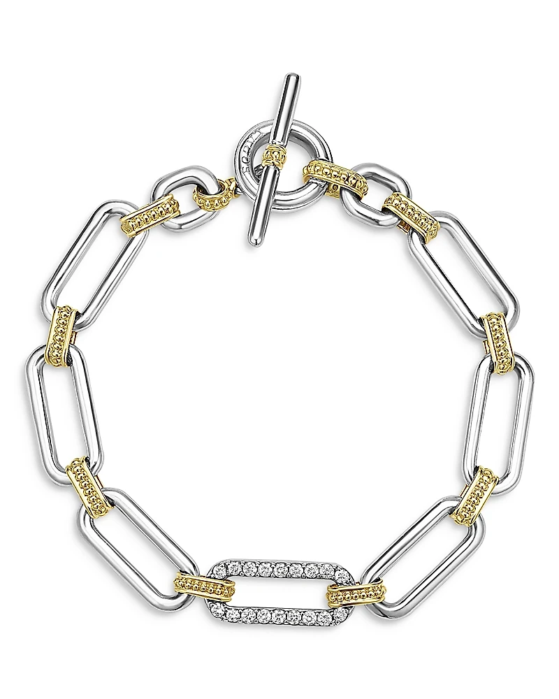 Lagos 18K Yellow Gold & Sterling Silver Signature Caviar Diamond Open Link Toggle Bracelet