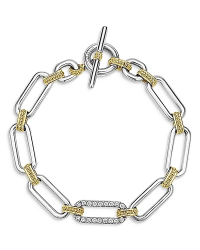 Lagos 18K Yellow Gold & Sterling Silver Signature Caviar Diamond Open Link Toggle Bracelet