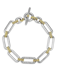 Lagos 18K Yellow Gold & Sterling Silver Signature Caviar Diamond Open Link Toggle Bracelet