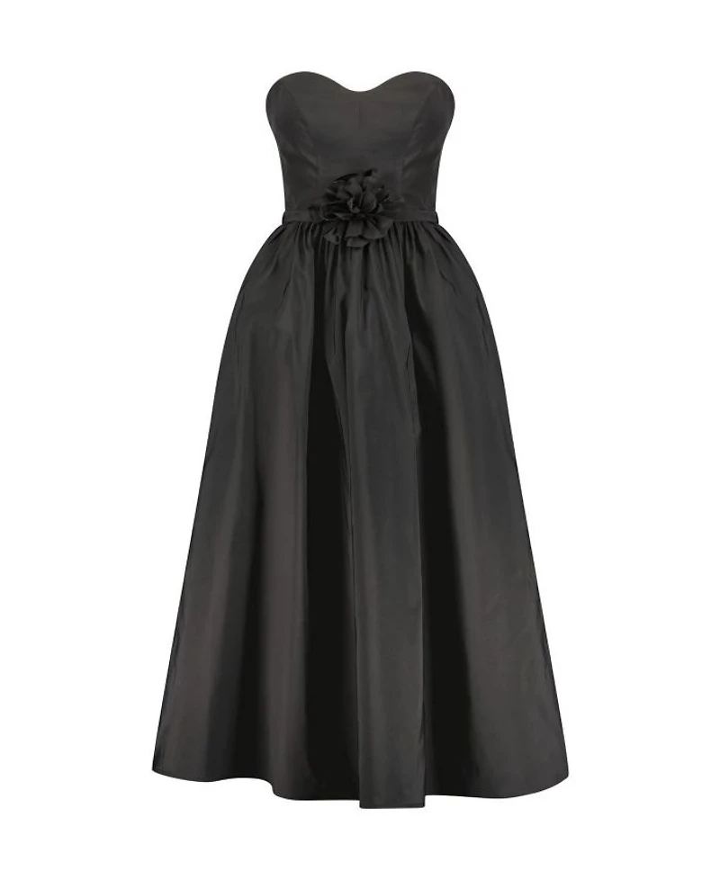 Strapless Faille A-Line Rose Detailed Midi Dress