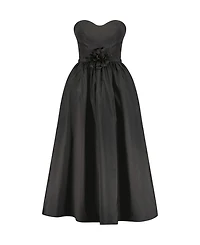 Strapless Faille A-Line Rose Detailed Midi Dress