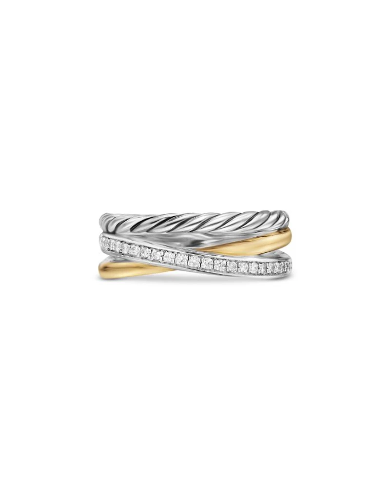 Crossover Three Row Ring Sterling Silver with 18K Yellow Gold and Diamonds, 7mm