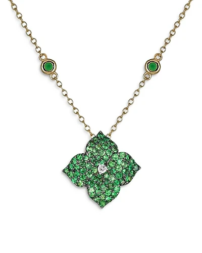 18K Yellow Gold Small Fiore Necklace with Green Tsavorite Garnets and Diamonds