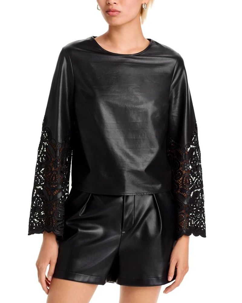 Lara Faux Leather Embroidered Long Sleeve Top
