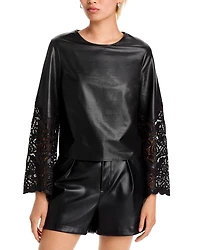 Lara Faux Leather Embroidered Long Sleeve Top