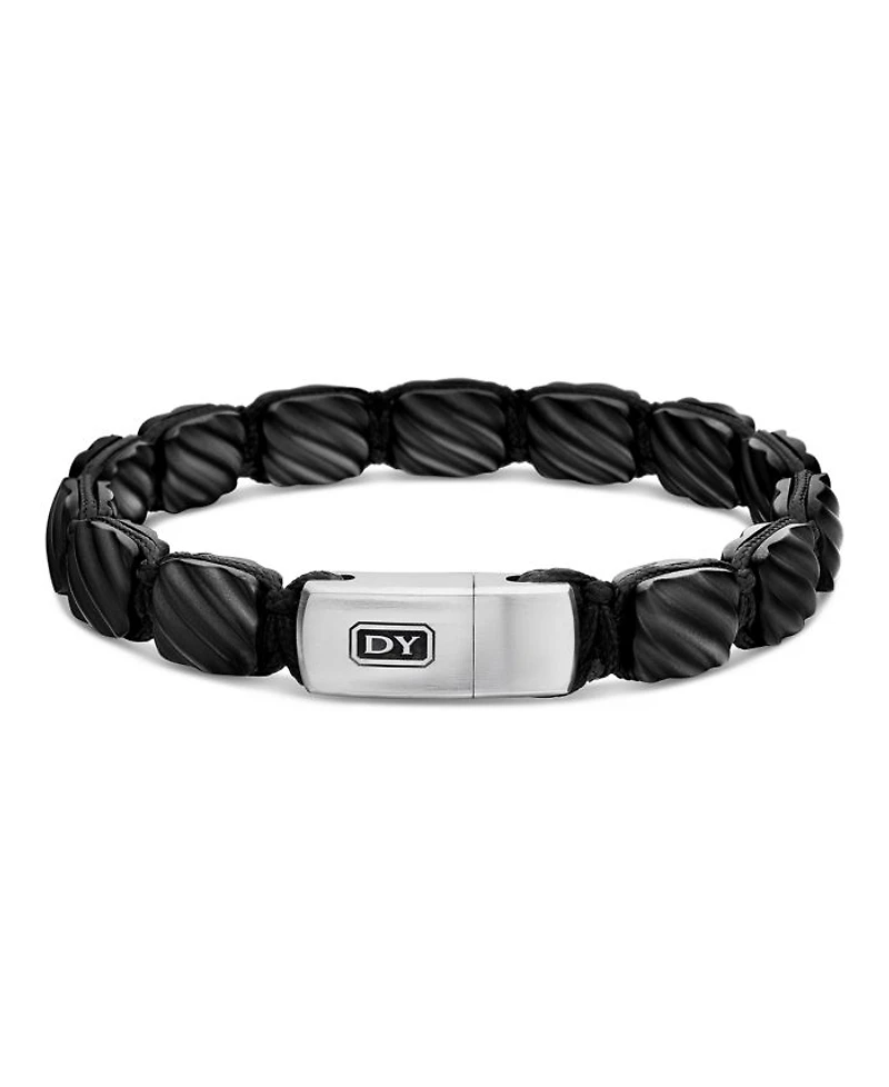 Men's Sculpted Cable Woven Tile Bracelet Black Titanium with Sterling Silver and Nylon, 8.5mm